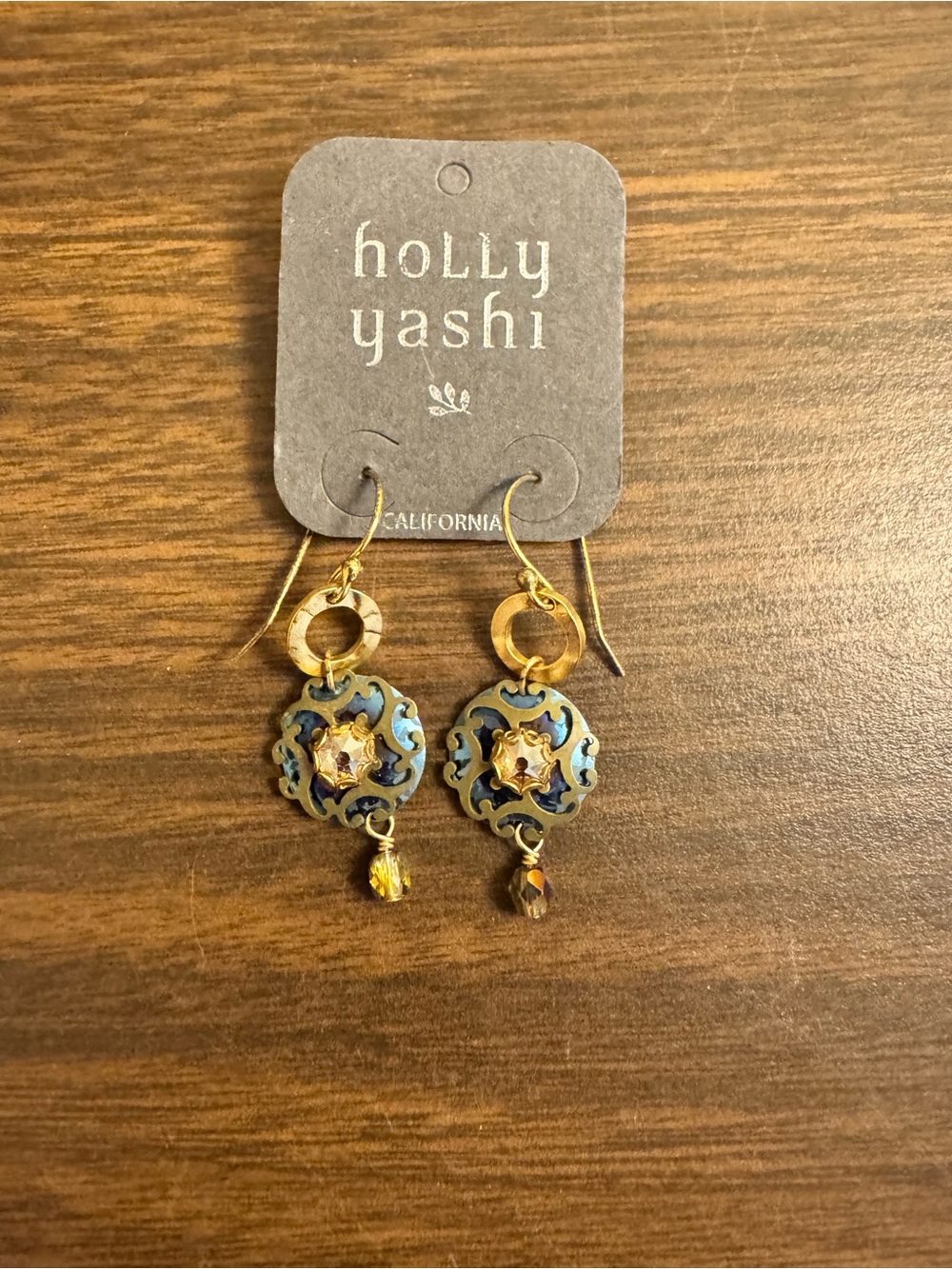 Holly Yashi Blue Niobium Gold Filigree Crystal Dangle Earrings NWT